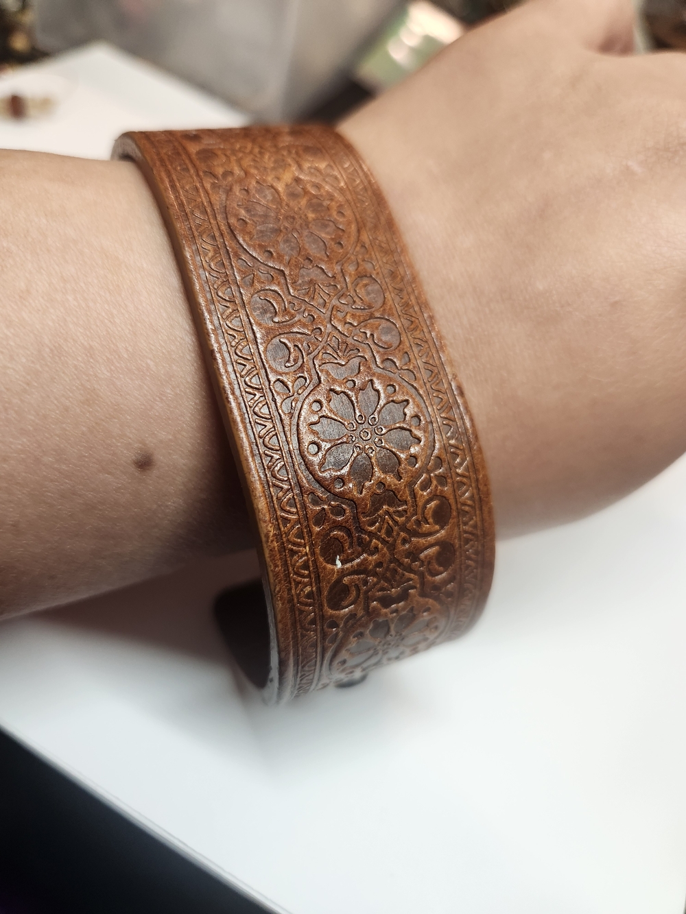 Aeropostle Handcrafted Brown Leather Floral Cuff Bracelet